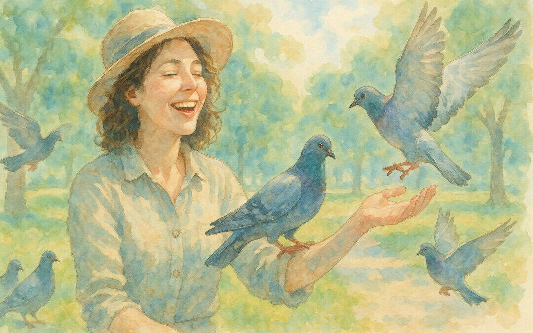 Woman happy with pigeons Illustration Creature Courage