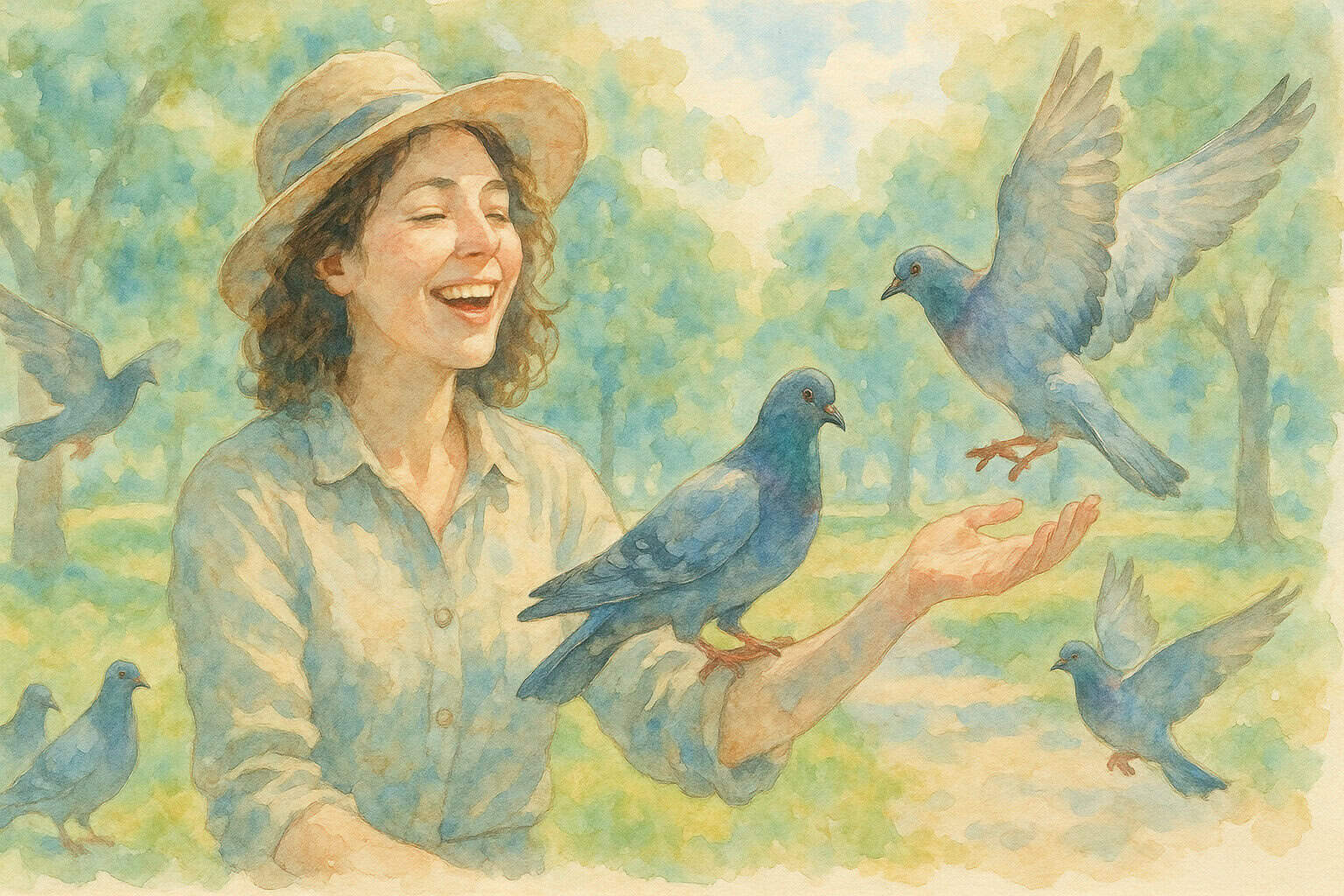 Woman happy with pigeons Illustration Creature Courage