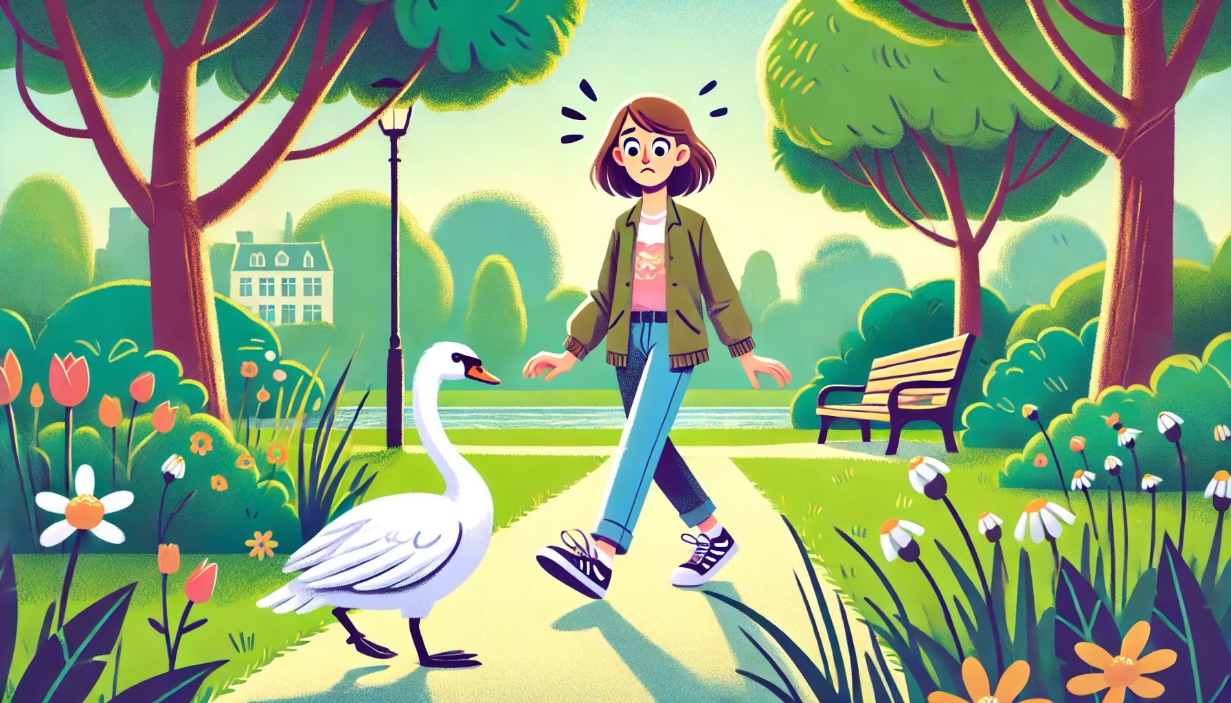 Woman Afraid of Swan Illustration Creature Courage
