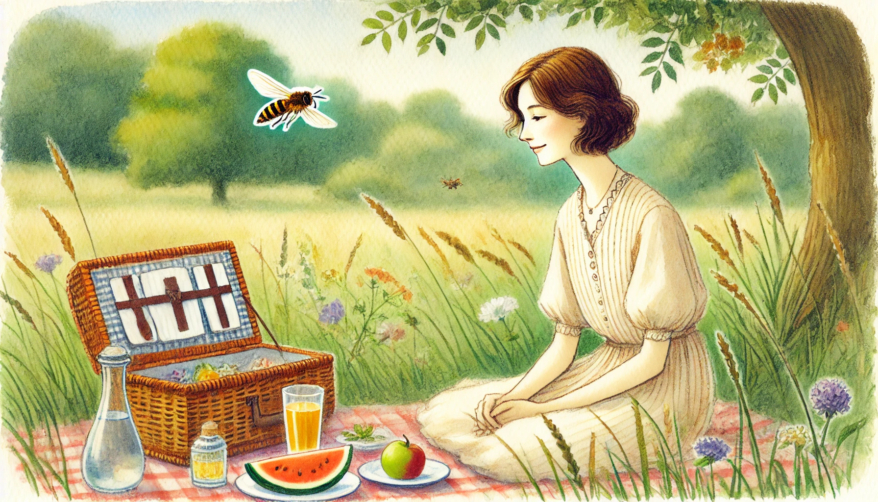 Woman having A Picnic with Yellow Jacket Creature Courage