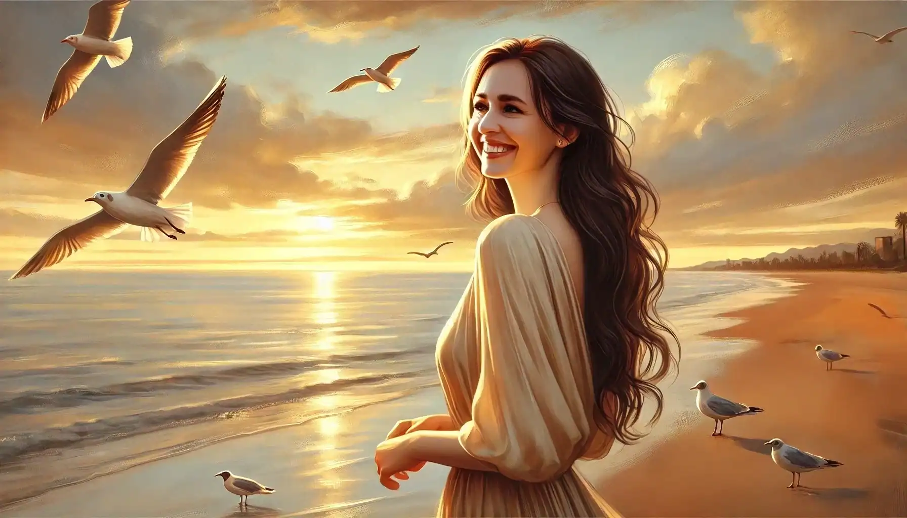 Woman Happy with Seagulls art Creature Courage