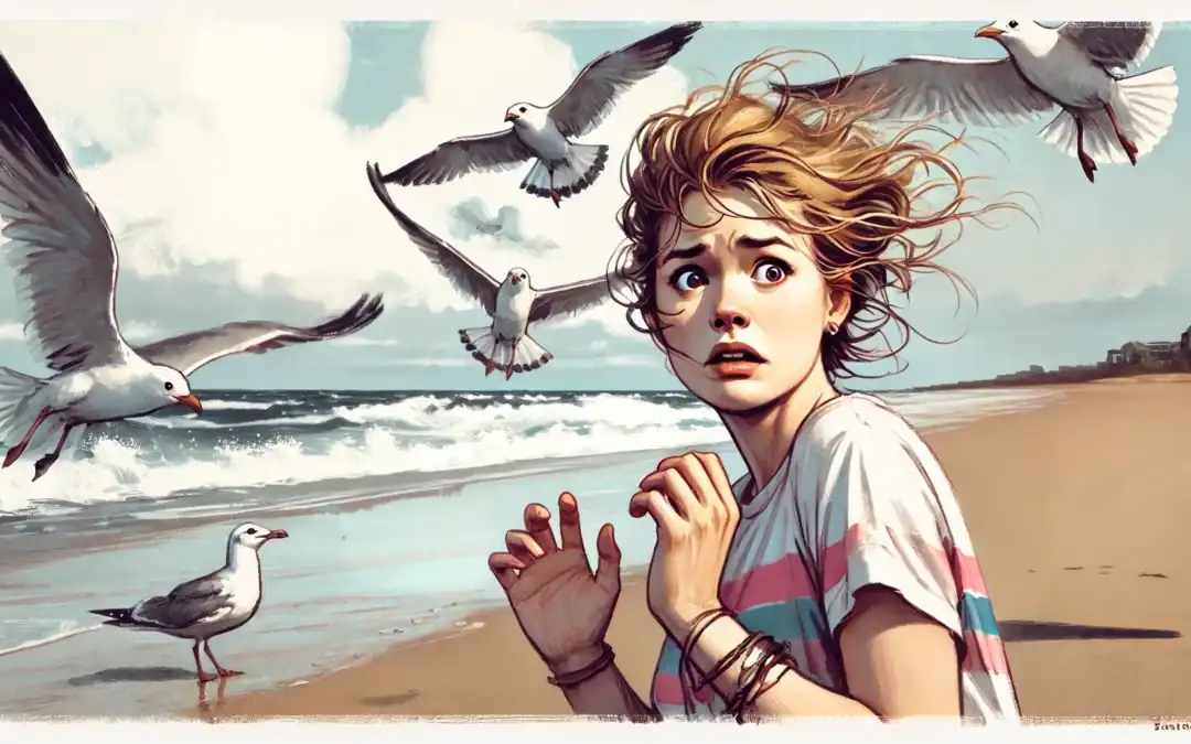 girl afraid of Seagulls art Creature Courage