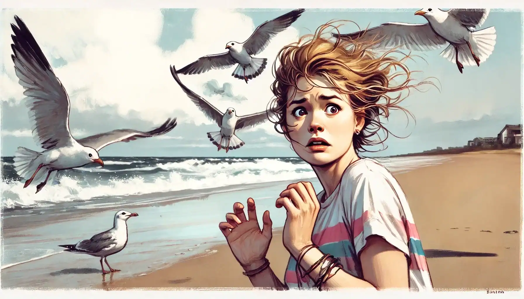 girl afraid of Seagulls art Creature Courage