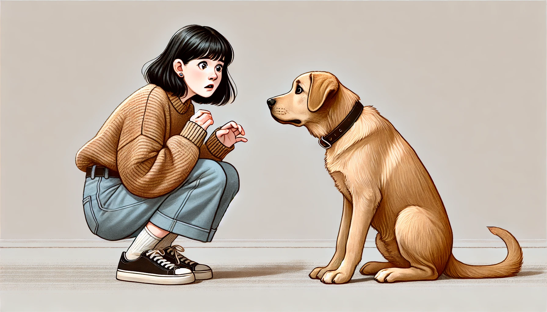 A woman displaying a fear of dogs, crouches nervously in front of an obediant dog.