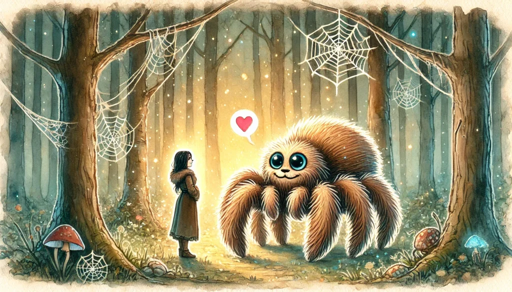 Art of a woman standing make friends with a tarantula Creature Courage