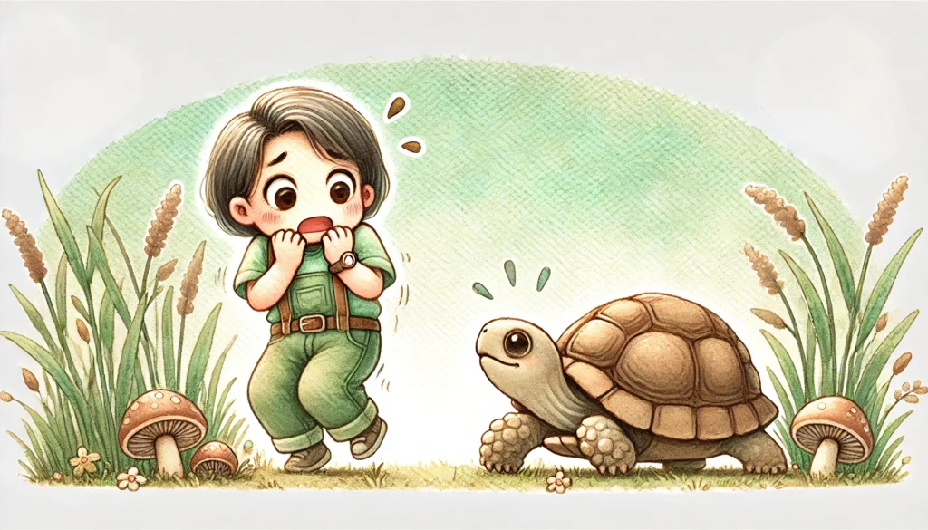 woman afraid of a tortoise art Creature Courage
