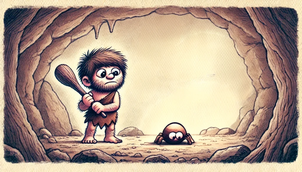 Caveman afraid of spider art Creature Courage