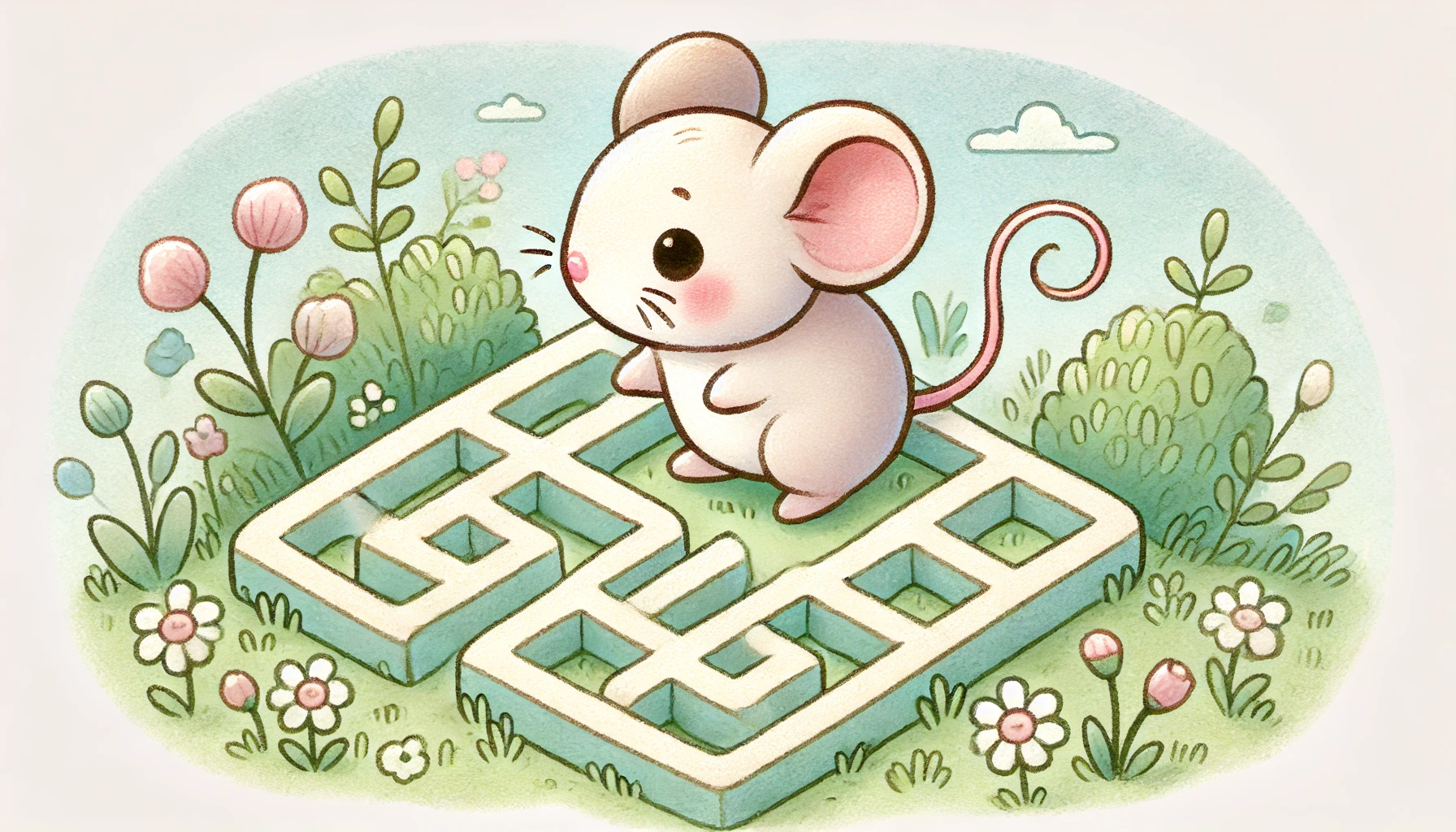 A picture of an oversized cartoon mouse trying to navigate a maze