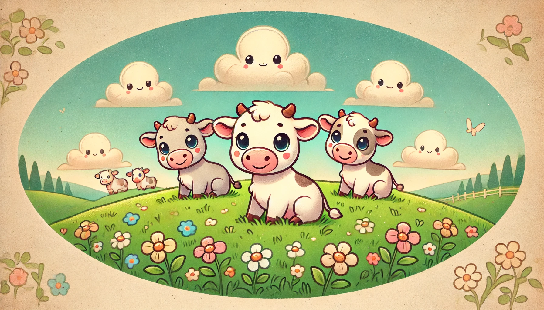 Cartoon image of three cows in a summer meadow