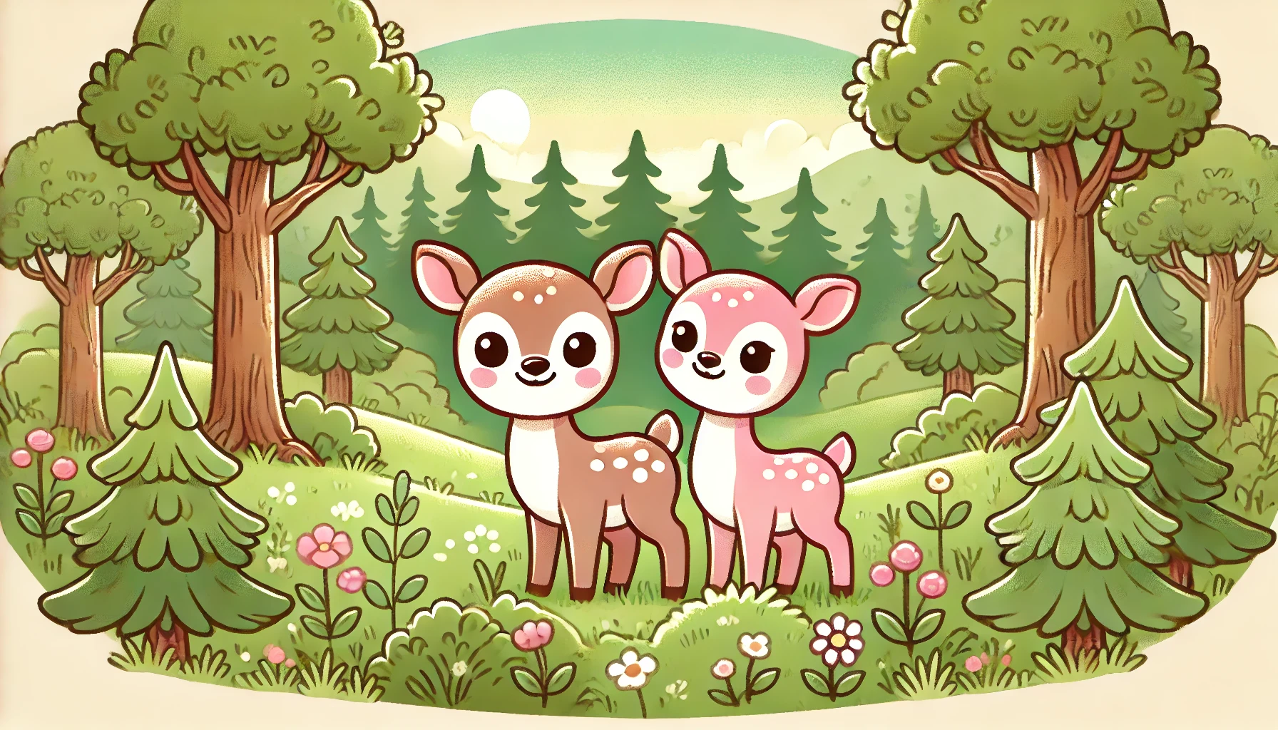 Two cartoon deer walking together in the woods