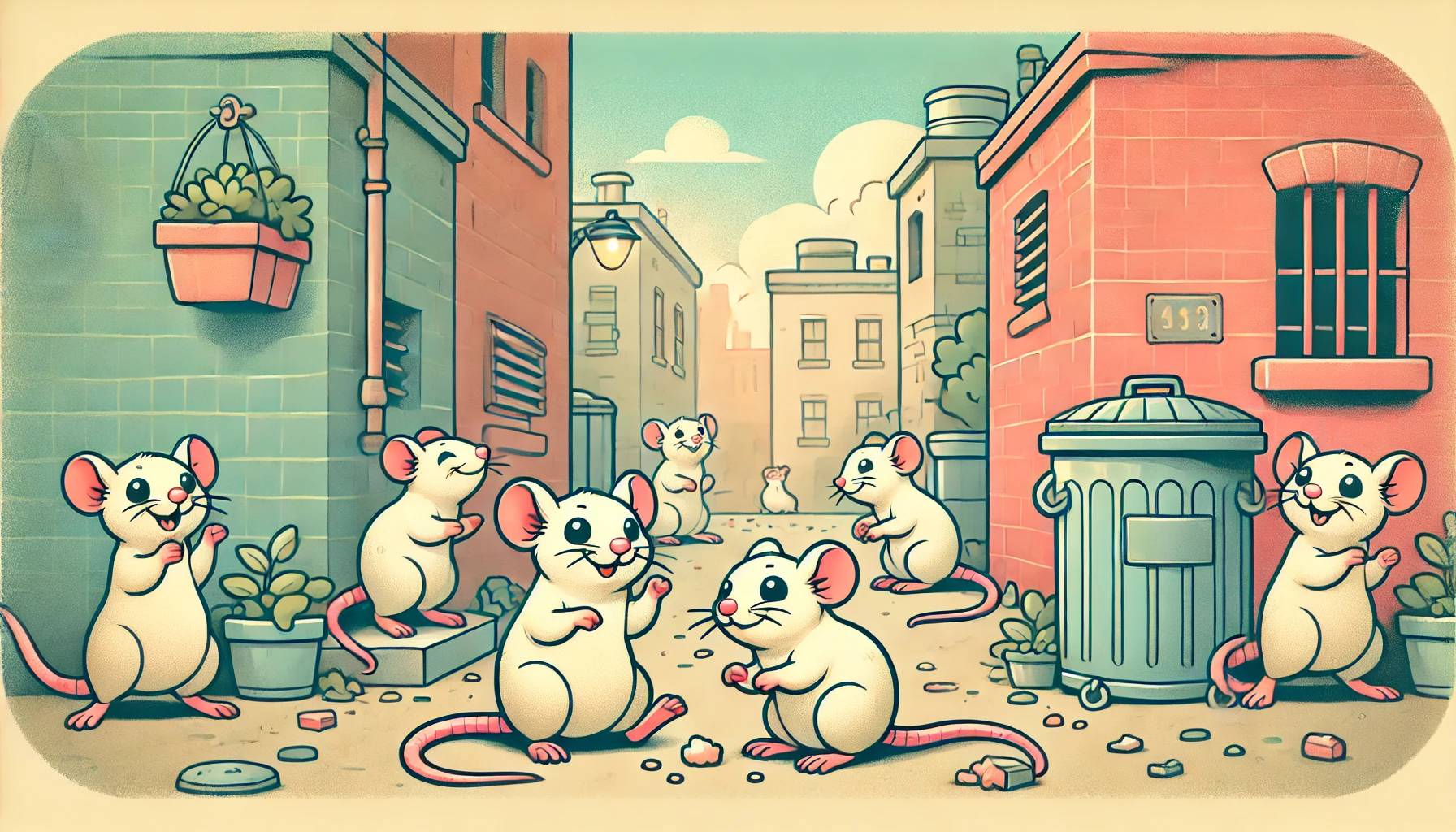 A number of cartoon rats playing in amongst litter and bins, an urban environment.