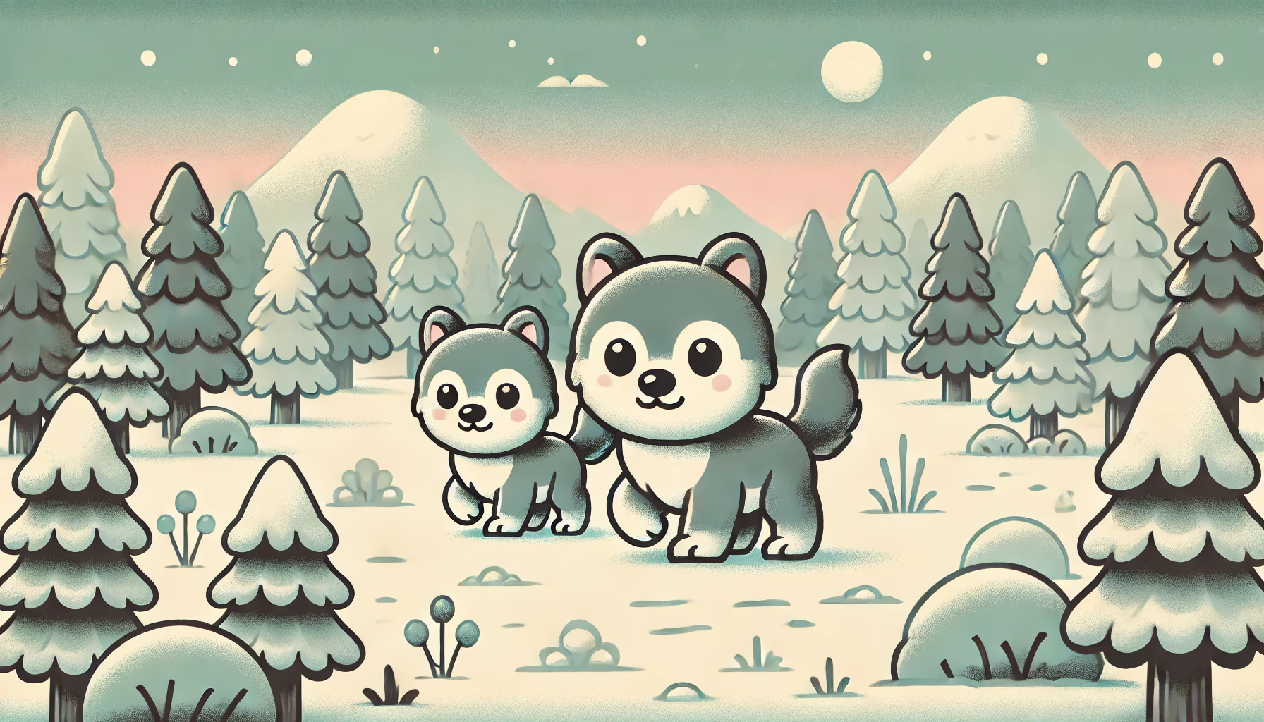 A cute, non-threatening image, of wolves walking though a forest in winter
