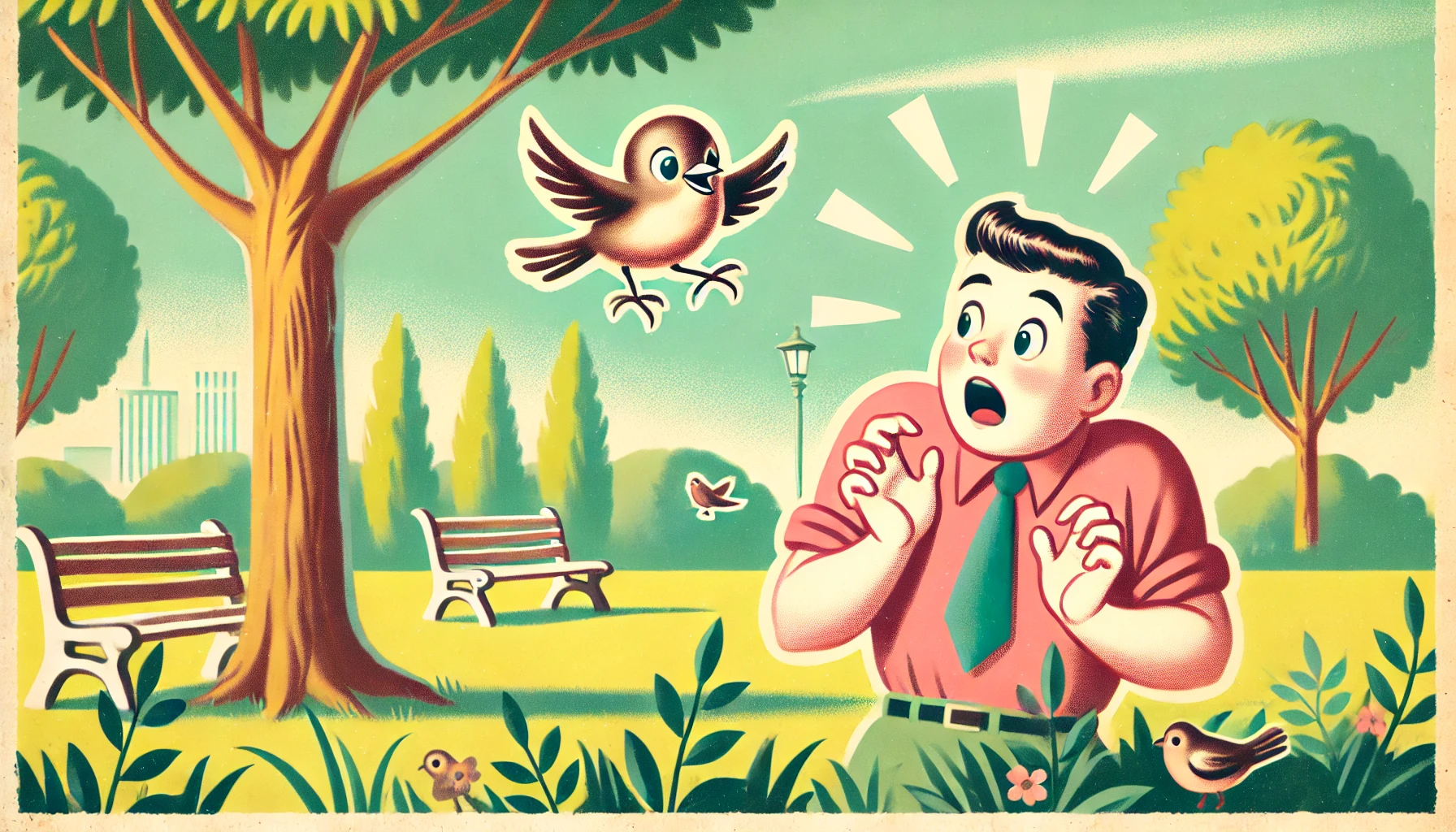 An image of a man running through a park, due to a fear of birds