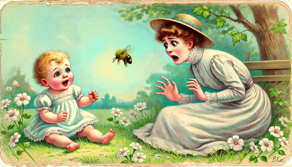 Bee flying around a baby, mum scarred illustration
