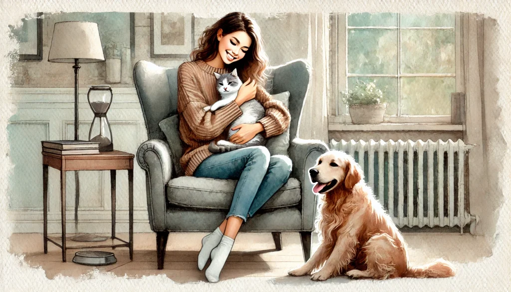Woman Happy with a cat and dog illustration