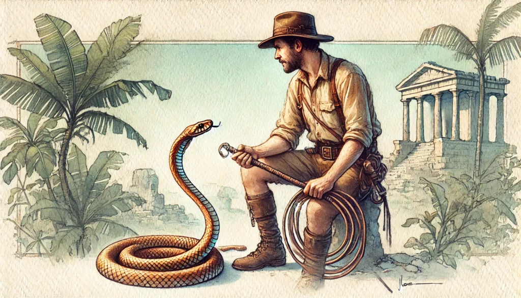 Adventure Jones hanging out with a snake illustration