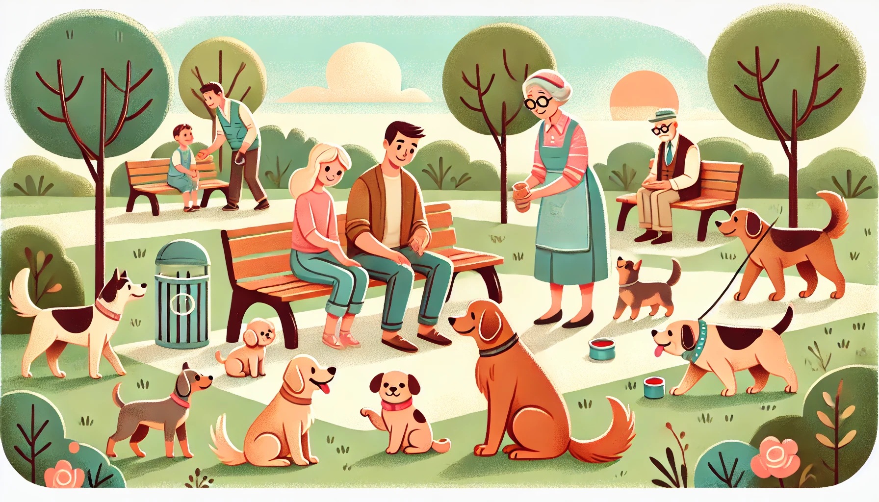 A couple surrounded by unfamiliar dogs in a park