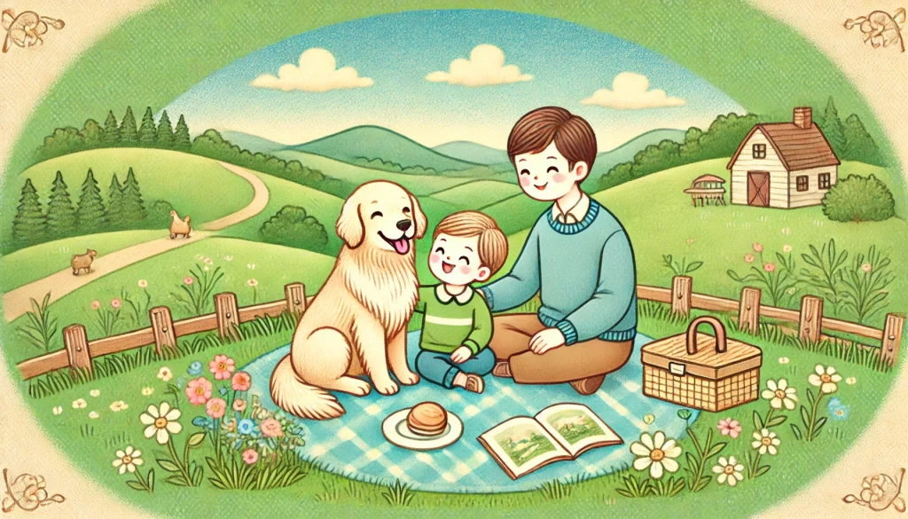 A therapy dog comforting a child and adult with anxiety, symbolising therapy dogs for anxiety and dog phobia support.