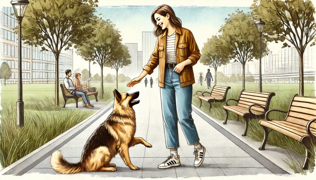 Woman makes friends with a dog Creature Courage