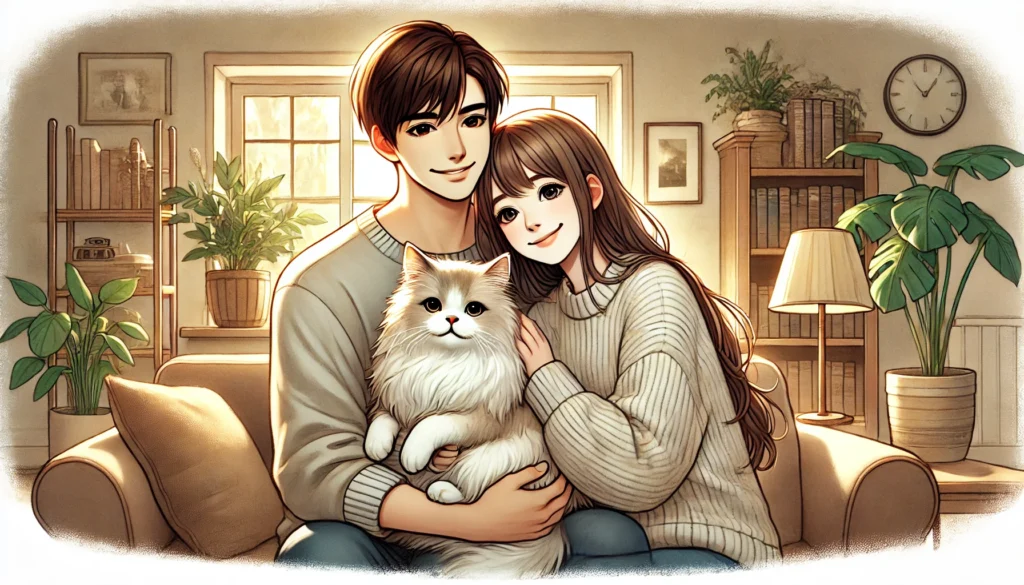 Couple hugging a cat illustration Creature Courage