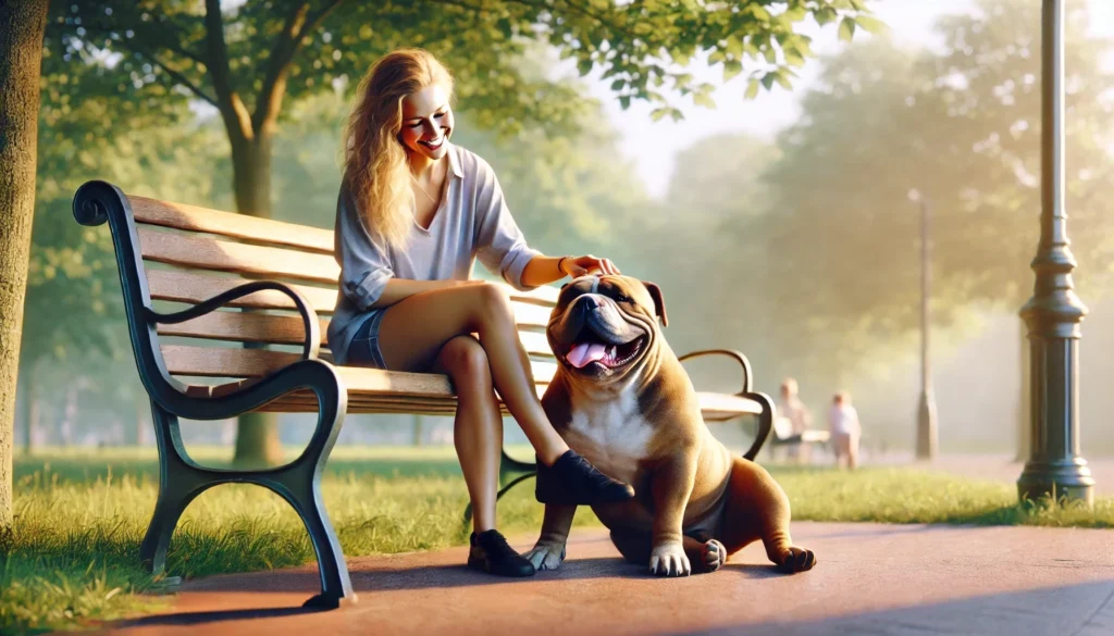 Woman petting XL Bully Dog Creature Courage