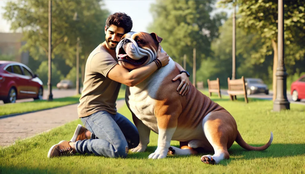 Man hugging an XL Bully Dog Creature Courage
