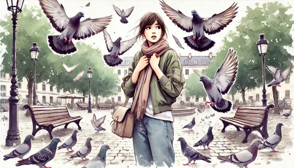 Woman looking unsure about pigeons art Creature Courage