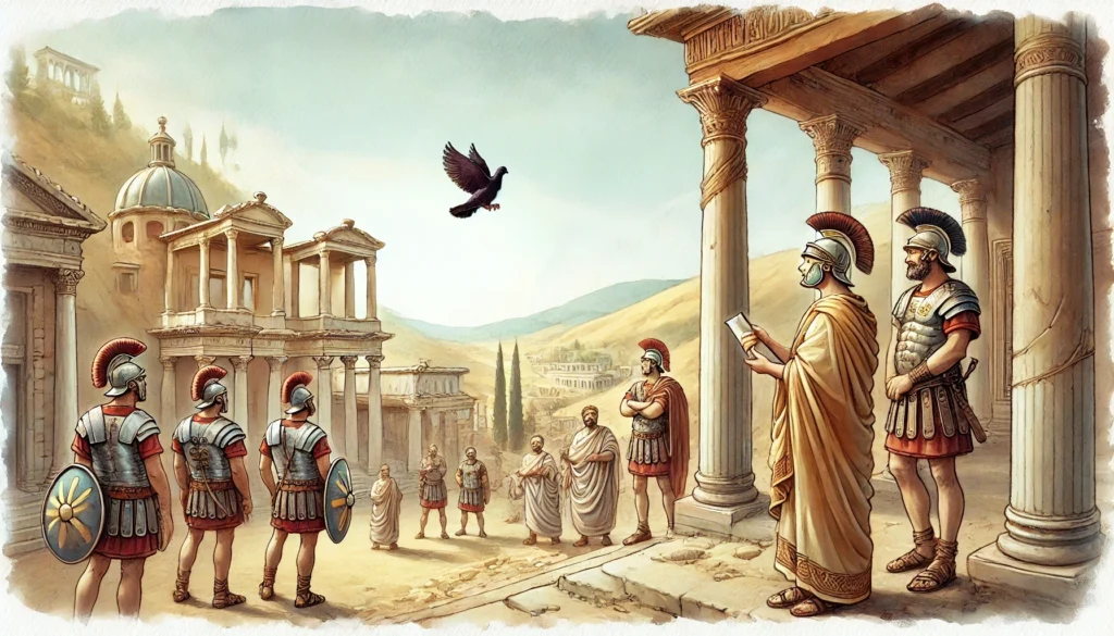 Art of pigeon delivering a message to Romans Creature Courage