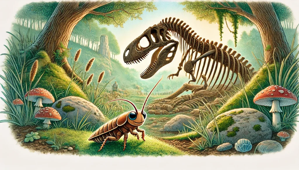 Cute Cockroach and Dinosaur Skeleton Illustration Creature Courage