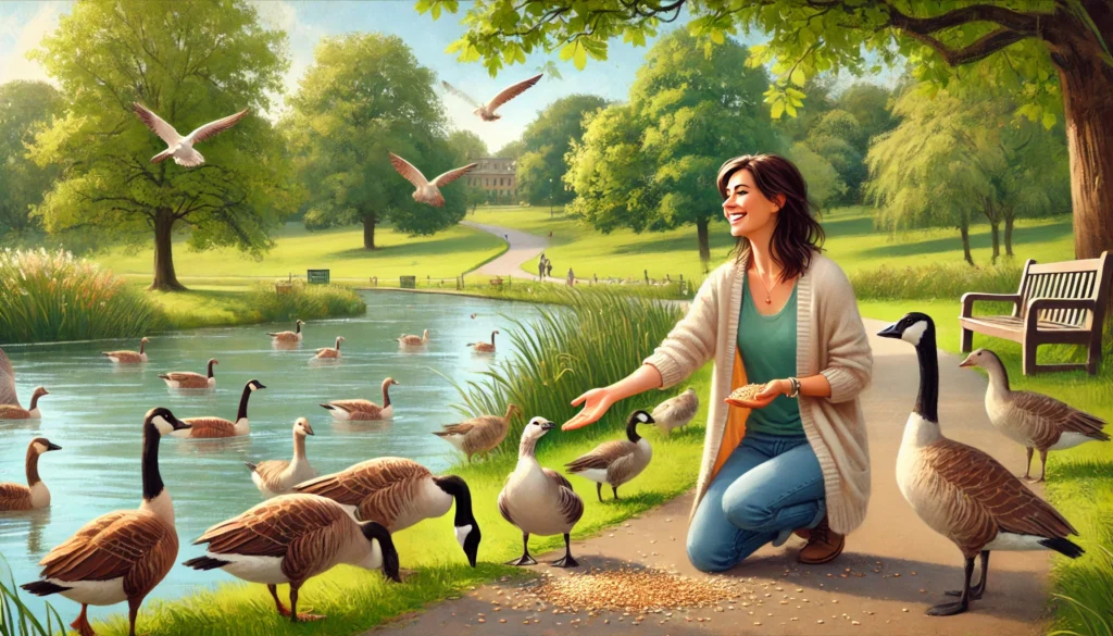 Woman Happy Feeding Geese Creature Courage