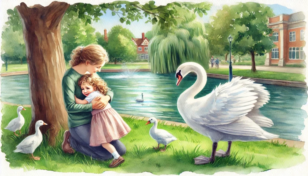 Child afraid of Swan Art Creature Courage