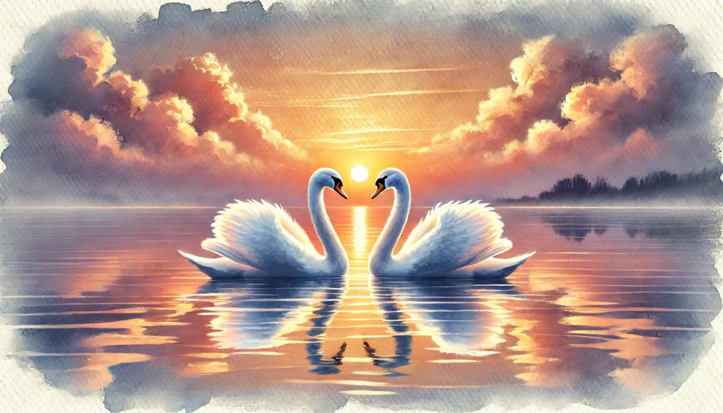 Beautiful Couple Swans Heart Lake Art Creature Courage