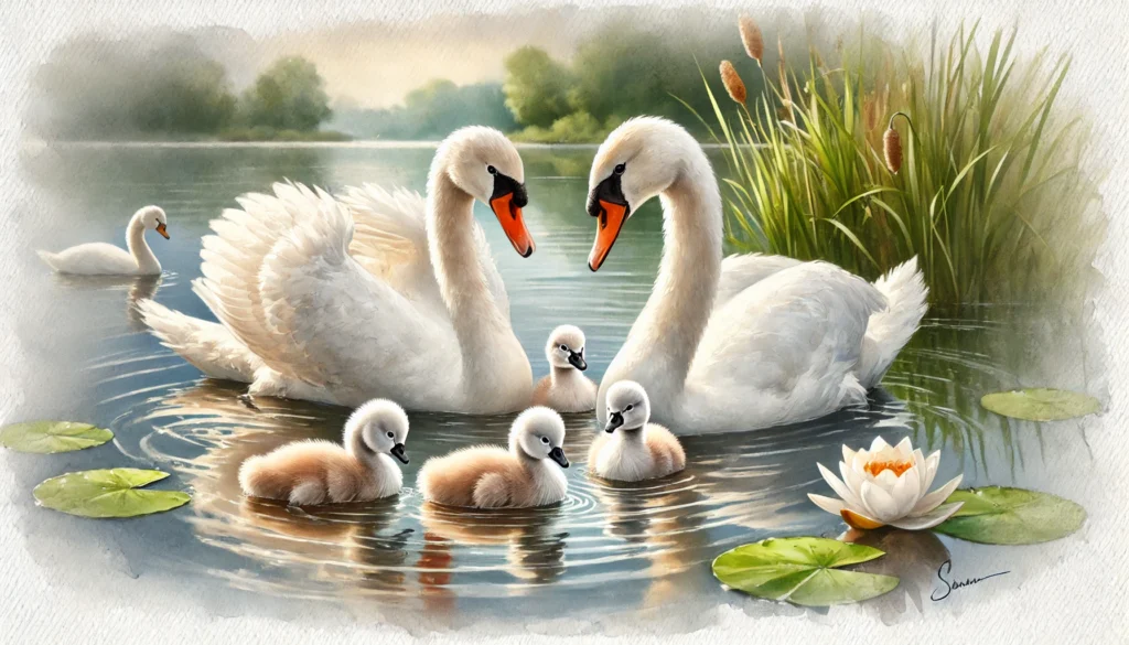 Swan Family with Babies Art Creature Courage