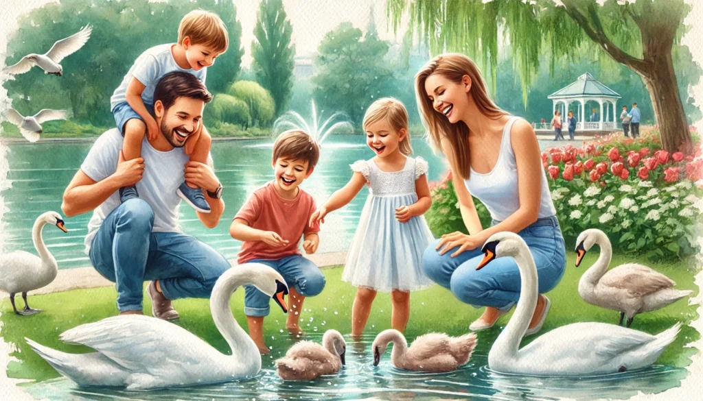Family Feeding Swans Happy Art Creature Courage