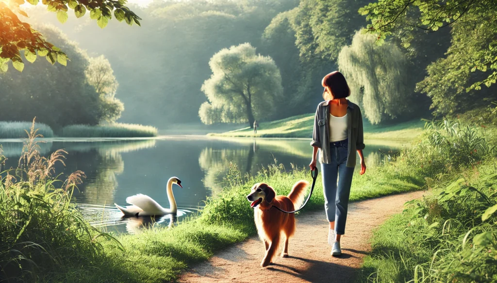 Woman Walking a Dog near a Swan Art Creature Courage