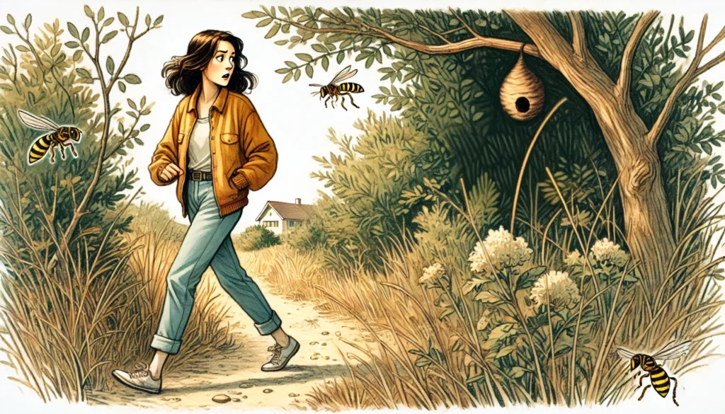Woman walking away from Yellow Jacket Nest Creature Courage