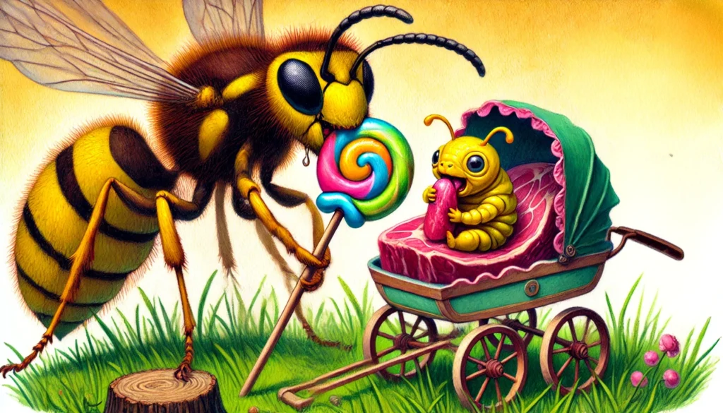 Adult Yellow Jacket Eating Lollypop and Baby Eating Meat Creature Courage