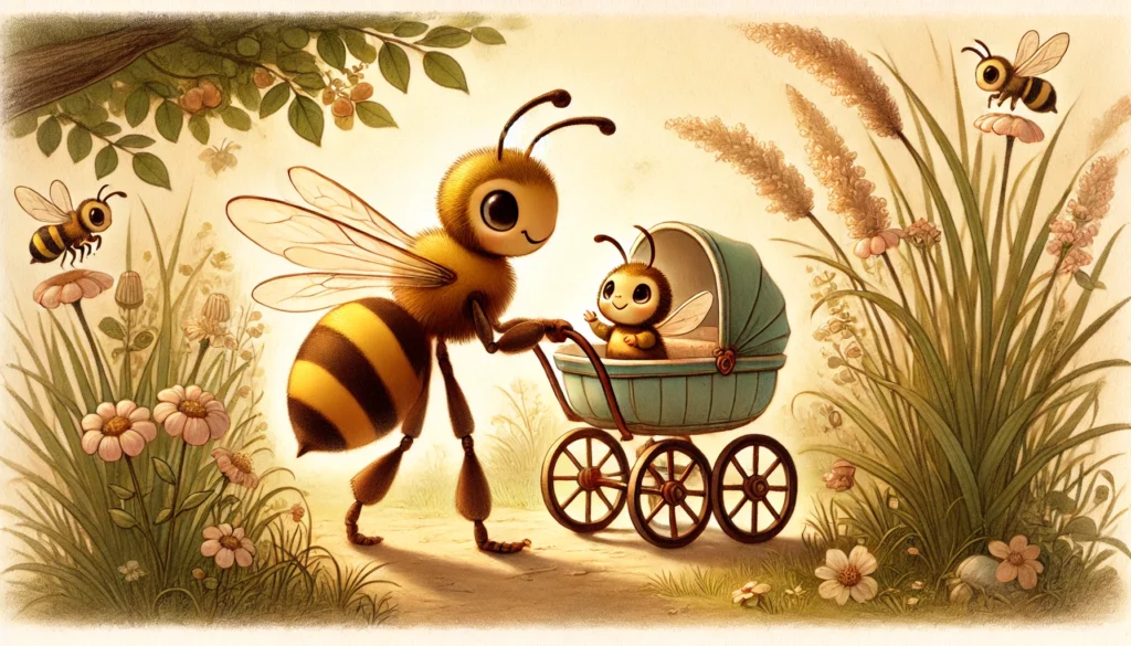 Wasp Pushing a Baby in a Buggy Art Creature Courage