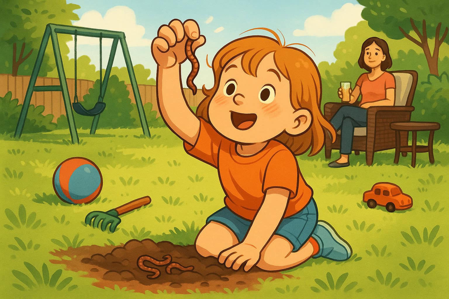 A fascinated child pulls worms from the soil