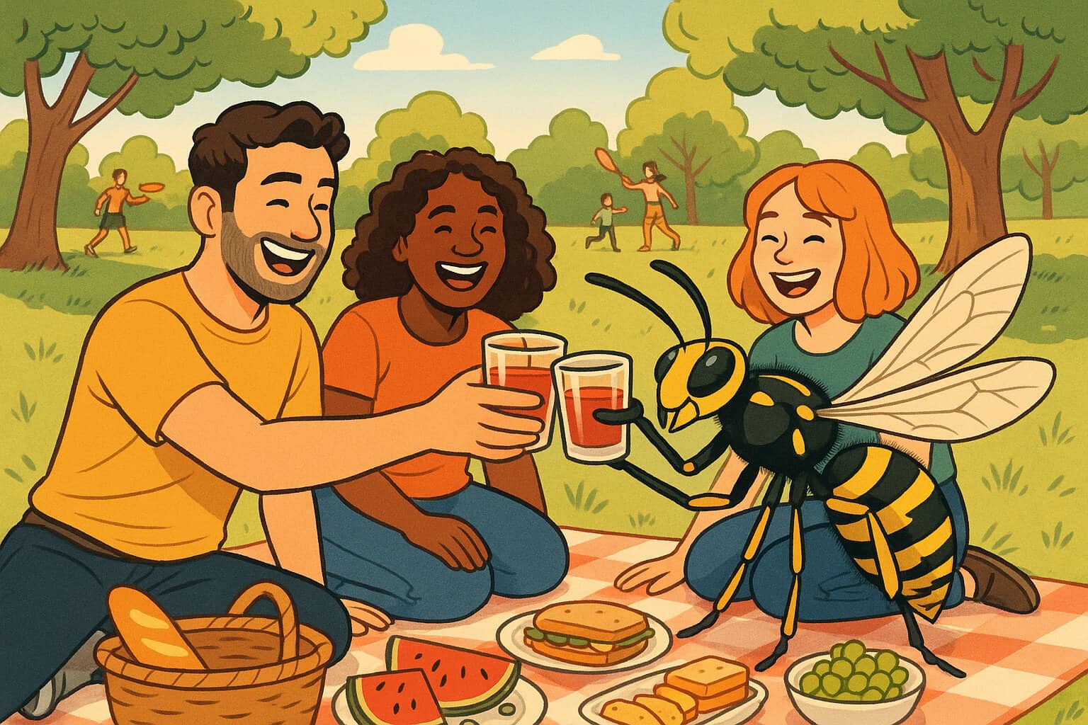 Wasps and humans enjoying a picnic together