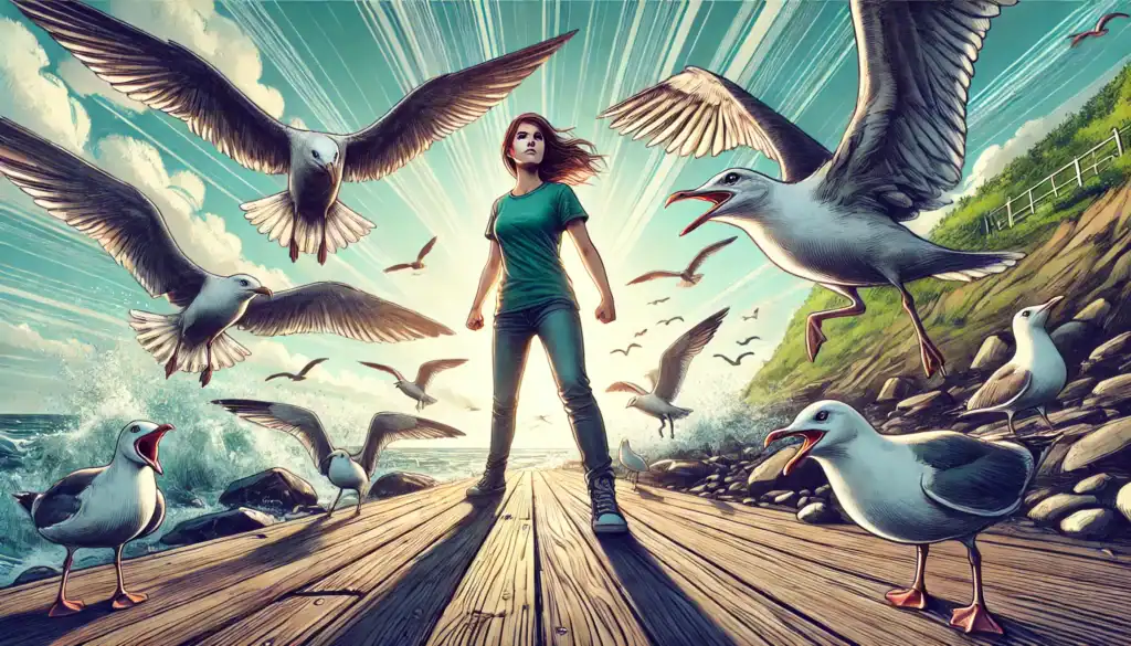 Woman Being Brave Infront of Seagulls Art Creature Courage