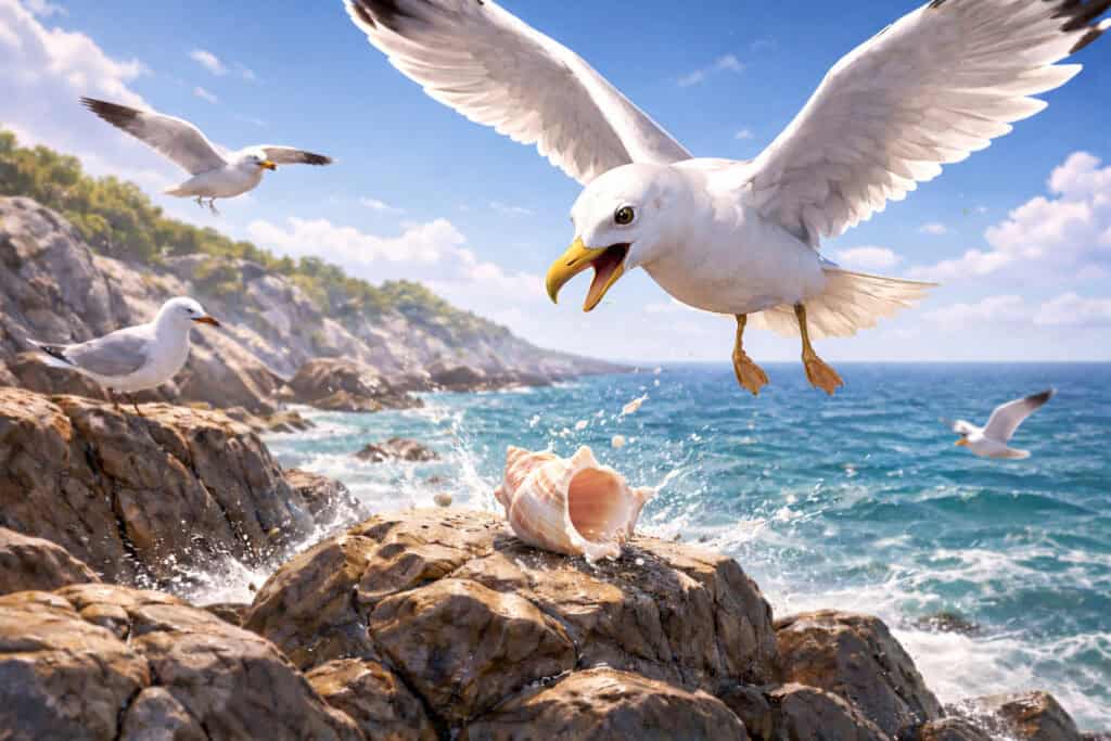 Seagull drops Seashell onto Rock Creature Courage