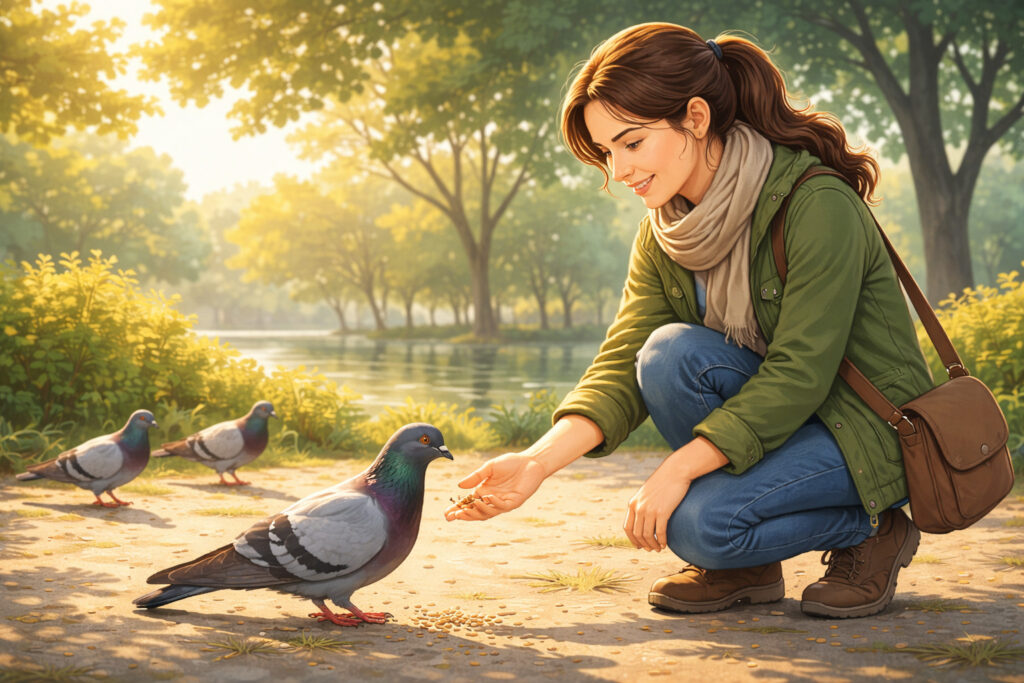 Woman Feeding A Pigeon Illustration Getting Over Fear of Pigeons Creature Courage