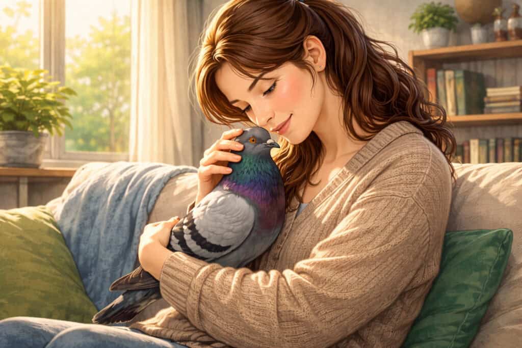 Woman with Cute Pet Pigeon Art Fear of Pigeons Creature Courage