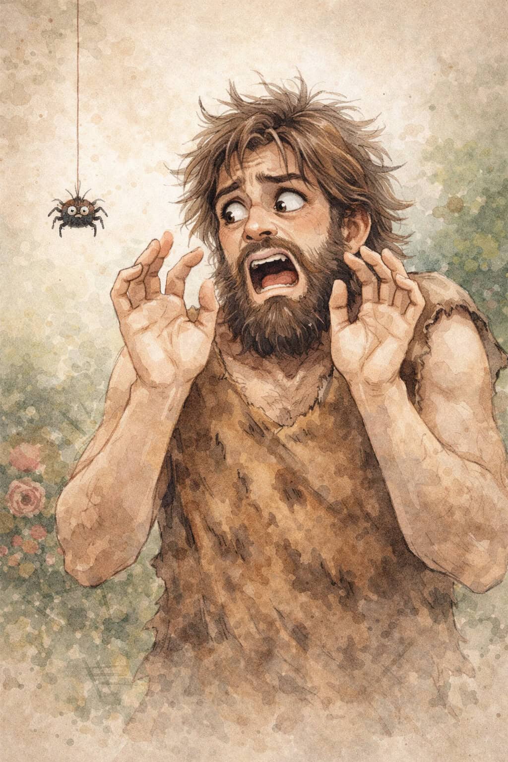 Caveman Scared of Spider Creature Courage