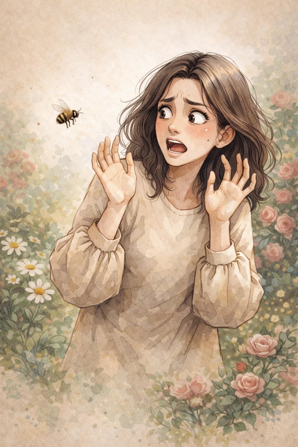 Woman and Afraid of Bee Creature Courage