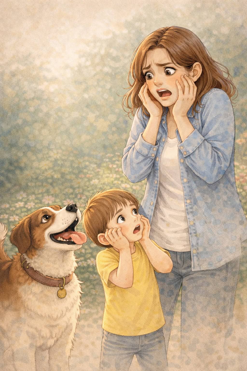 Woman and Child Afraid of a dog Creature Courage