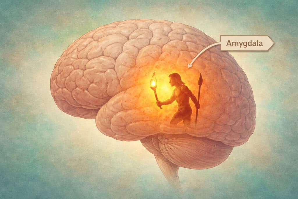 Illustration of the human brain showing the amygdala highlighted as the centre of fear response Creature Courage