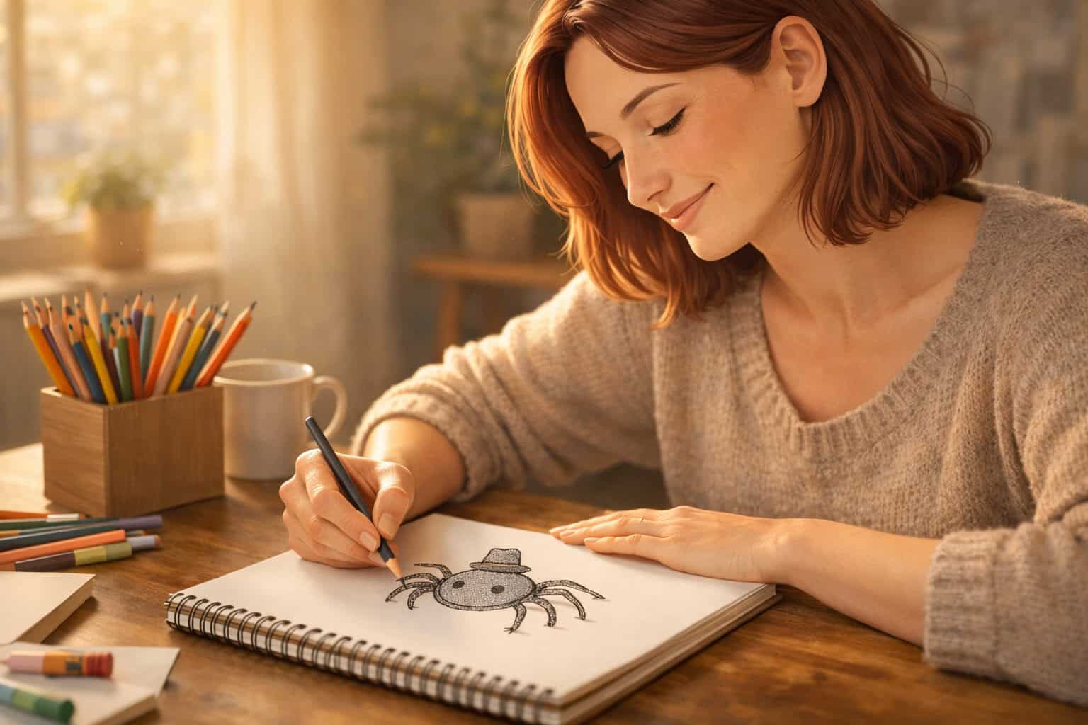 person drawing a friendly spider during art therapy to overcome animal phobia Creature Courage