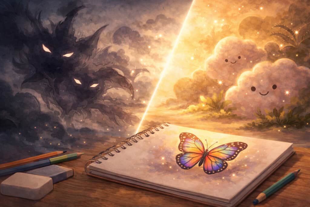 abstract fear transforming into calm shapes with colourful butterfly drawing in art therapy Creature Courage